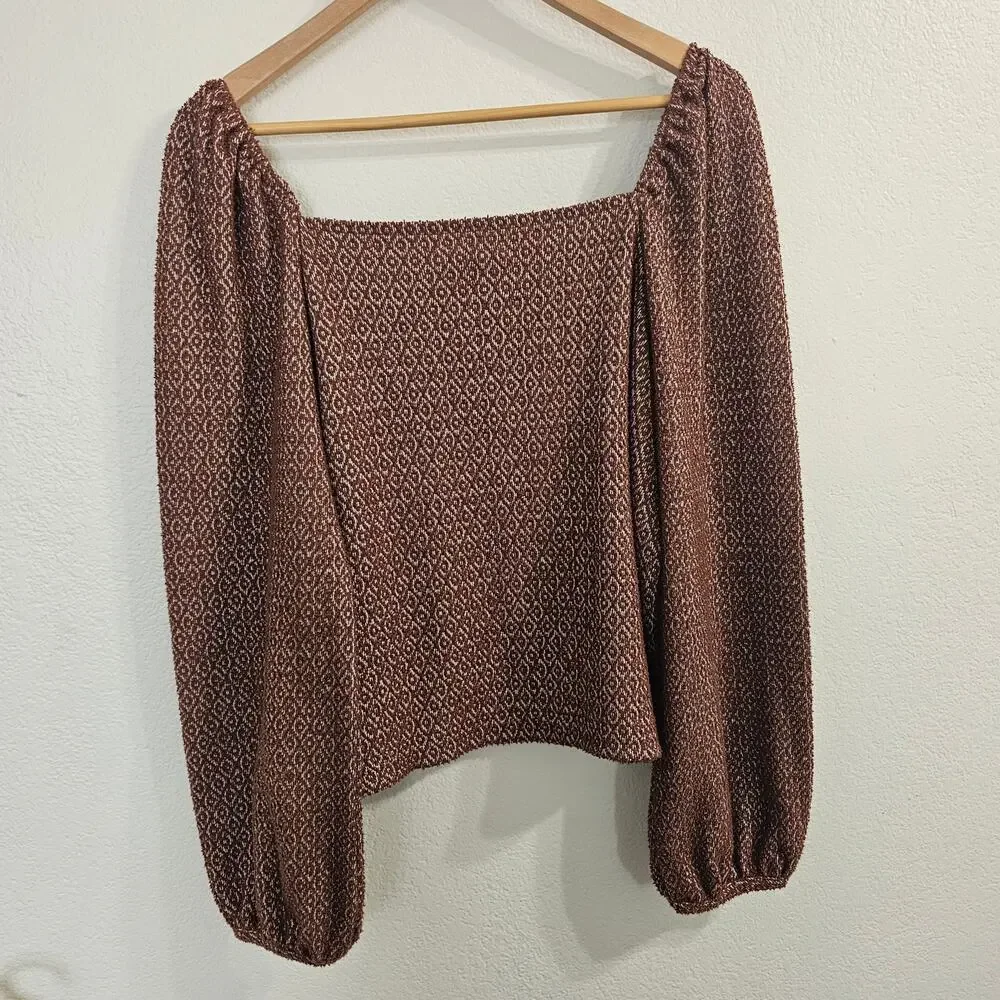 MADEWELL Jacquard Puff Sleeve Top in Dark Merlot Size L